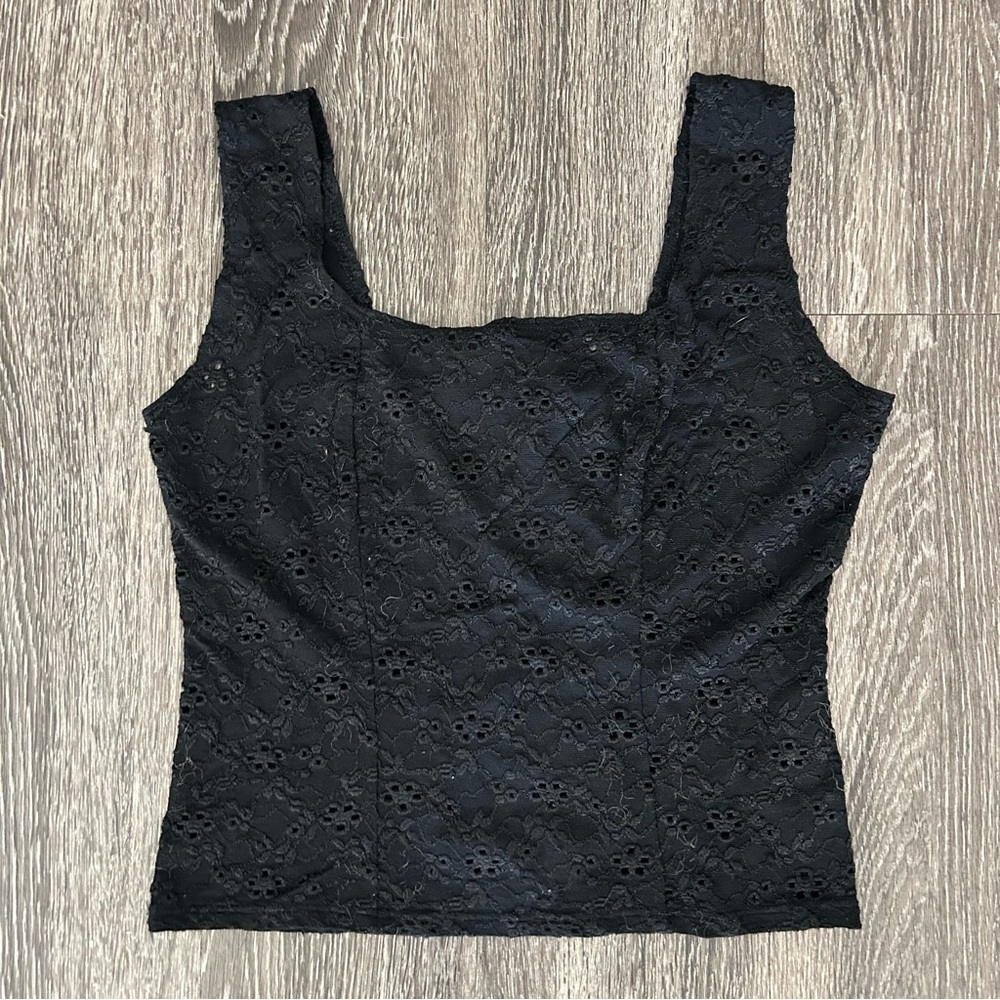 Vintage EK Designs Black Eyelet Lace Square Neck Tank Top Size S ? 90s Y2K Goth